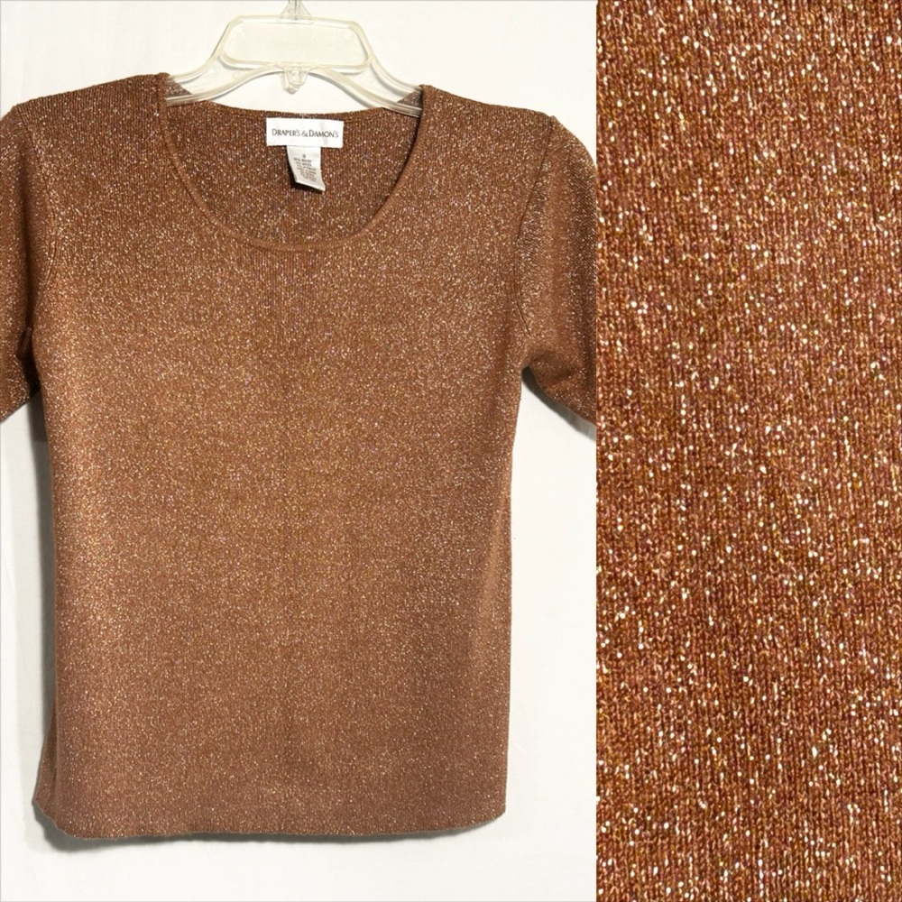 WOMENS SMALL BROWN COPPER W/GOLD METALLIC SHORT SLEEVE PULLOVER SWEATER